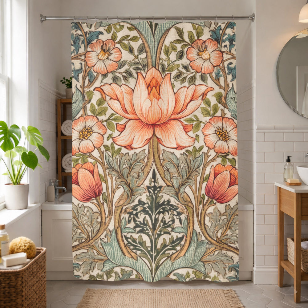 William Morris Style Shower Curtain, Vintage Botanical Bathroom Decor, Floral Pattern Bath Panel, Cottagecore Curtain Gift