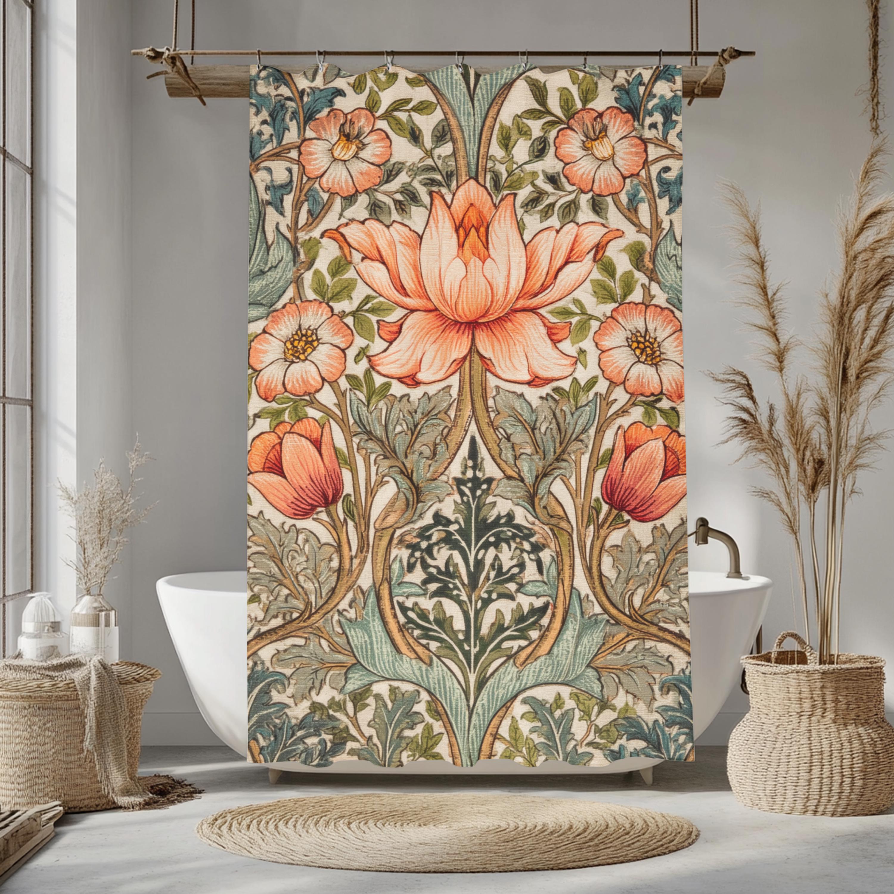 William Morris Style Shower Curtain, Vintage Botanical Bathroom Decor, Floral Pattern Bath Panel, Cottagecore Curtain Gift
