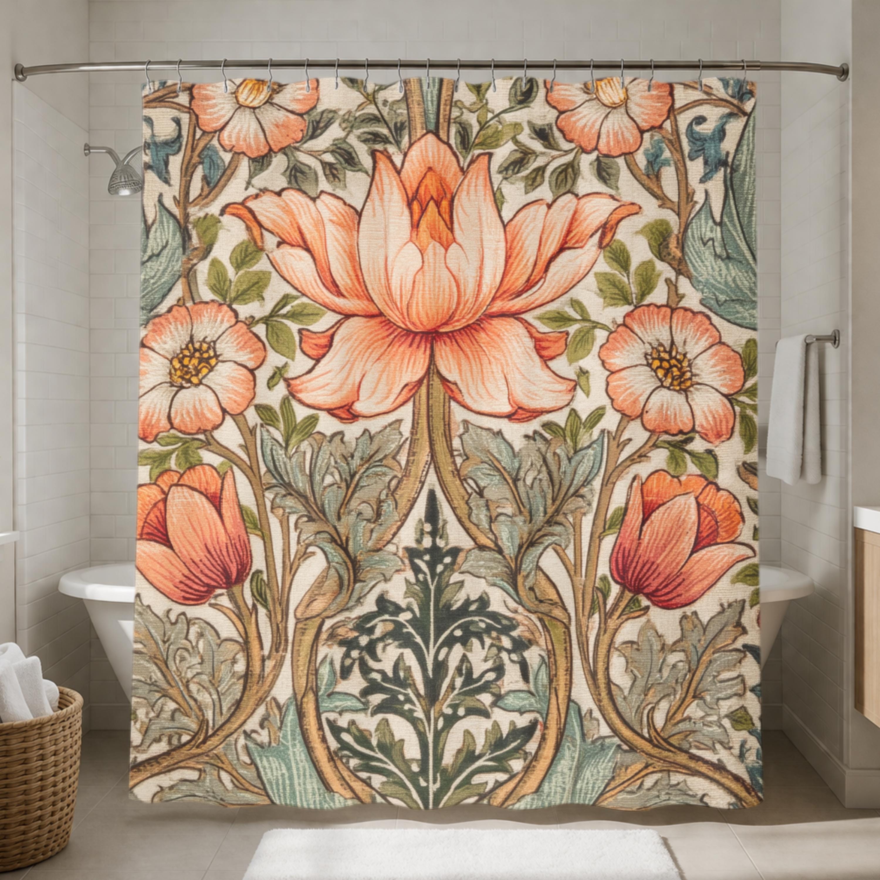William Morris Style Shower Curtain, Vintage Botanical Bathroom Decor, Floral Pattern Bath Panel, Cottagecore Curtain Gift