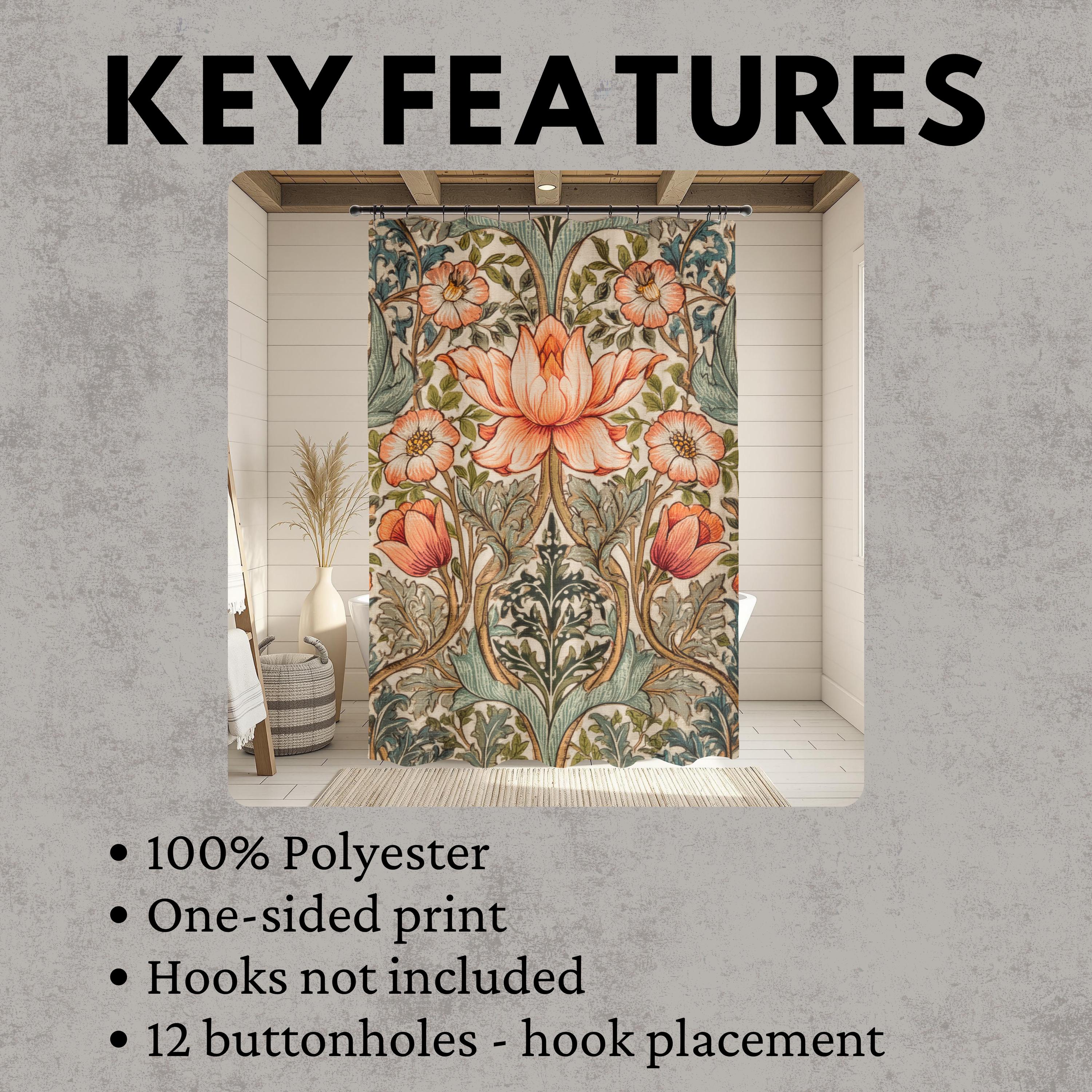 William Morris Style Shower Curtain, Vintage Botanical Bathroom Decor, Floral Pattern Bath Panel, Cottagecore Curtain Gift