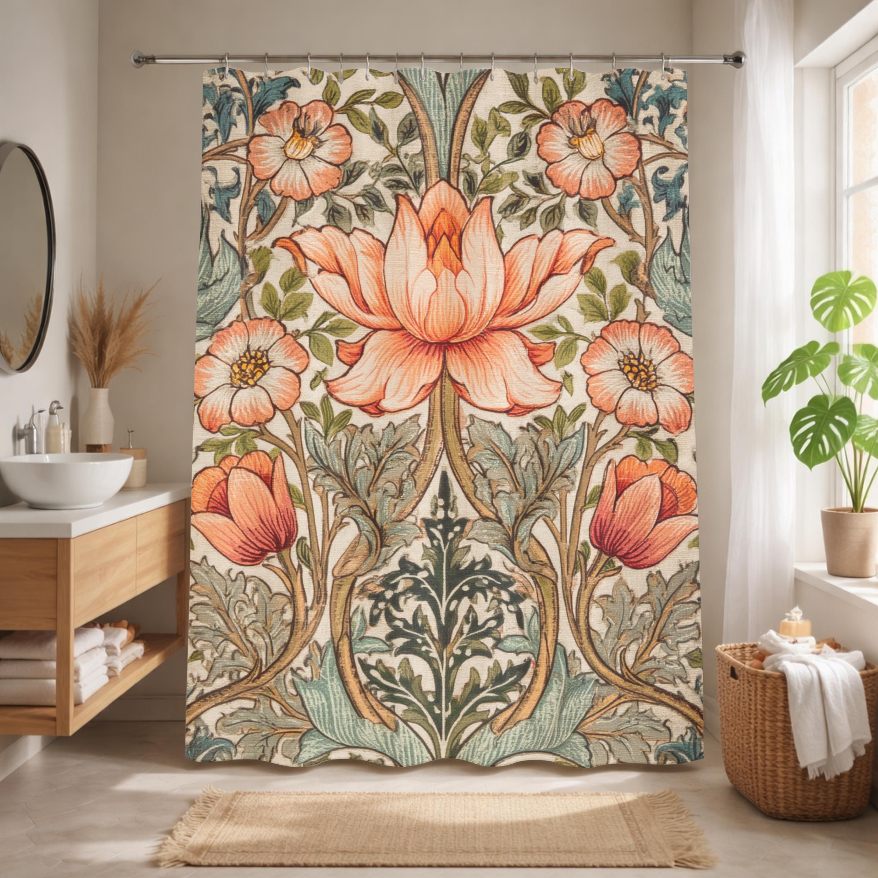 William Morris Style Shower Curtain, Vintage Botanical Bathroom Decor, Floral Pattern Bath Panel, Cottagecore Curtain Gift