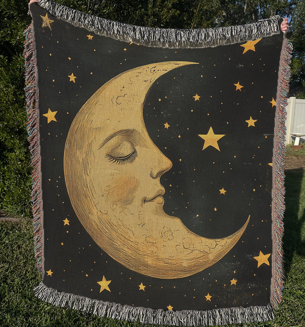 Celestial Moon Woven Blanket, Mystical Throw Blanket Couch, Woven Cotton Blanket, Moon Lover Picnic Blanket, Living Room Couch Bed Blanket