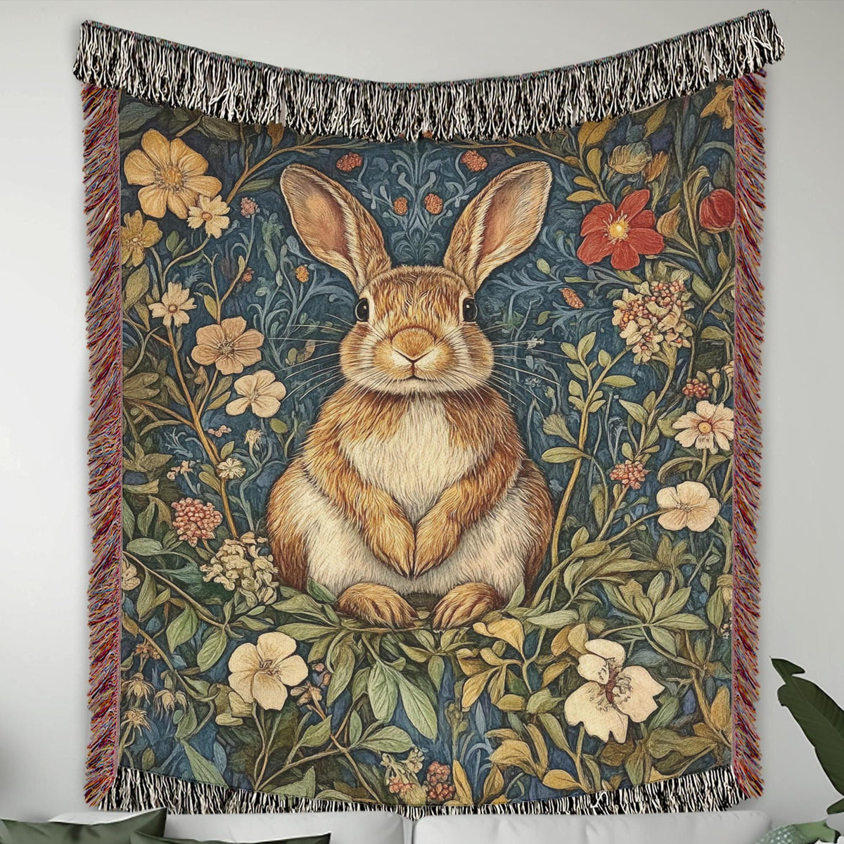Woodland Rabbit Woven Blanket, Cottagecore Throw Blanket Couch, Woven Cotton Blanket, William Morris Inspired Blanket, Cozy Picnic Blanket