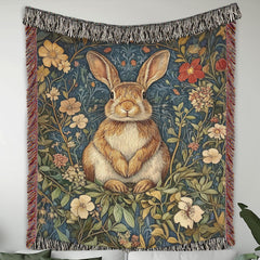 Woodland Rabbit Woven Blanket, Cottagecore Throw Blanket Couch, Woven Cotton Blanket, William Morris Inspired Blanket, Cozy Picnic Blanket