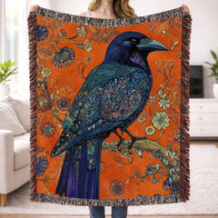 Raven Floral Woven Blanket, Gothic Botanical Bird Art Throw, Bold Nature Tapestry