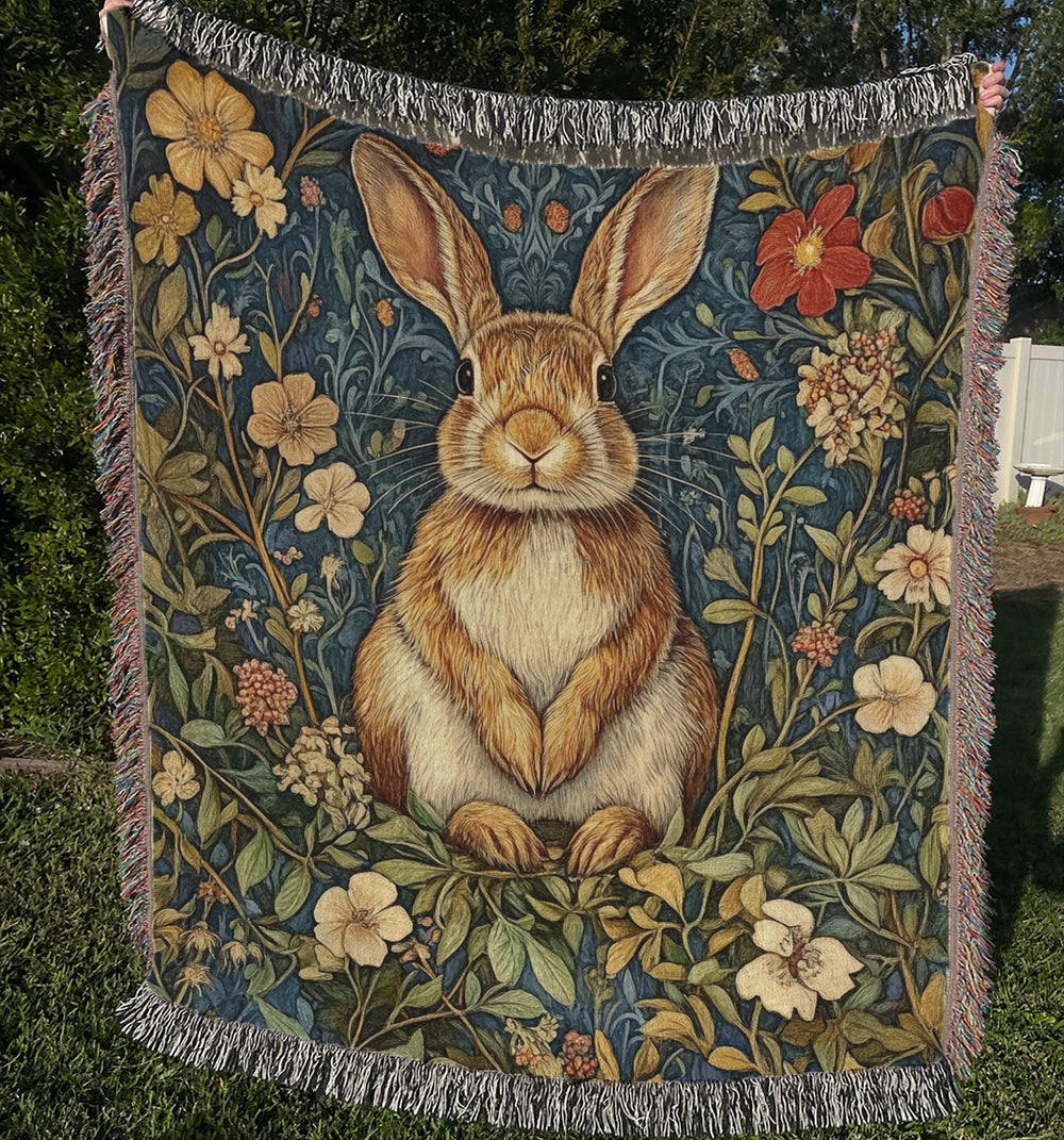 Woodland Rabbit Woven Blanket, Cottagecore Throw Blanket Couch, Woven Cotton Blanket, William Morris Inspired Blanket, Cozy Picnic Blanket