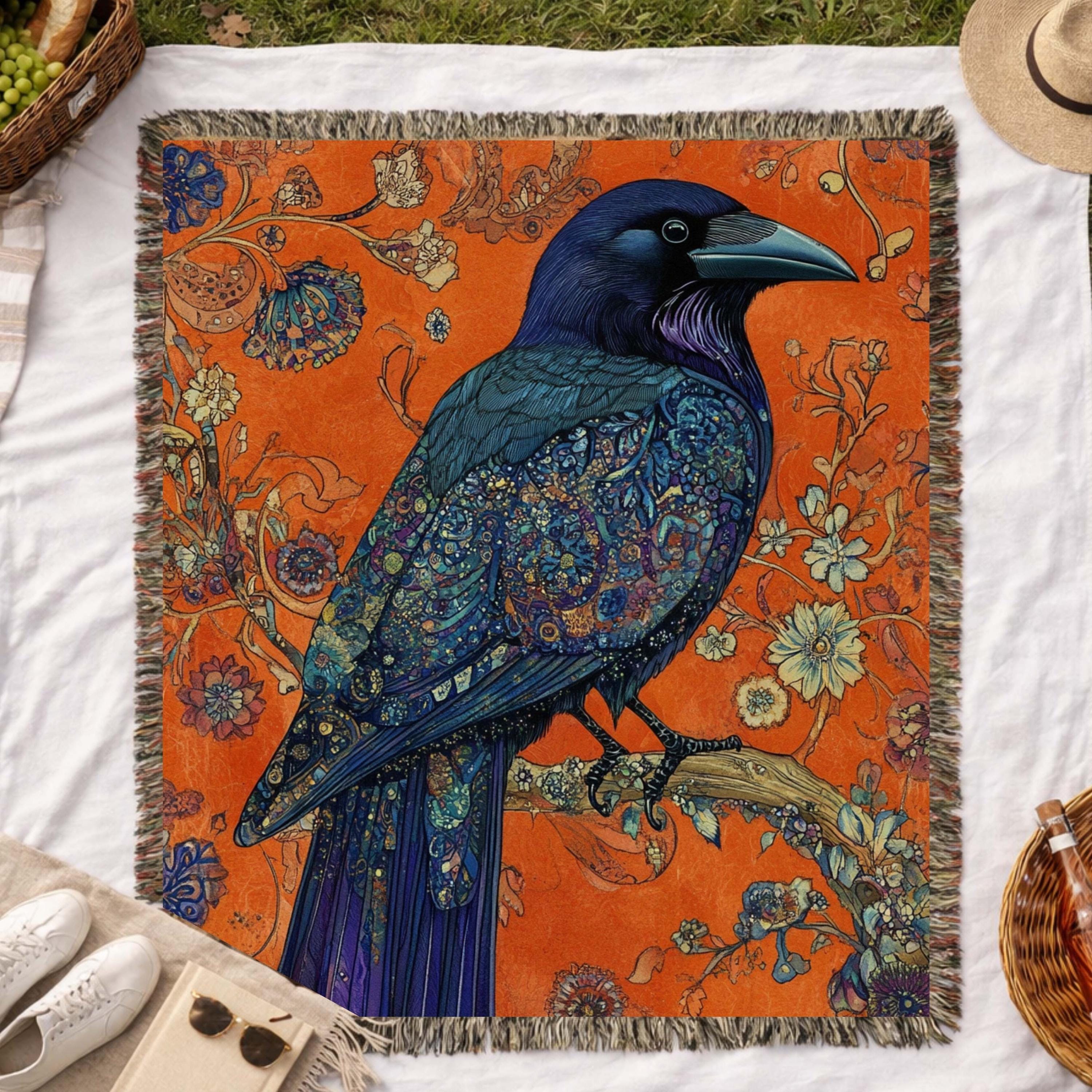 Raven Floral Woven Blanket, Gothic Botanical Bird Art Throw, Bold Nature Tapestry
