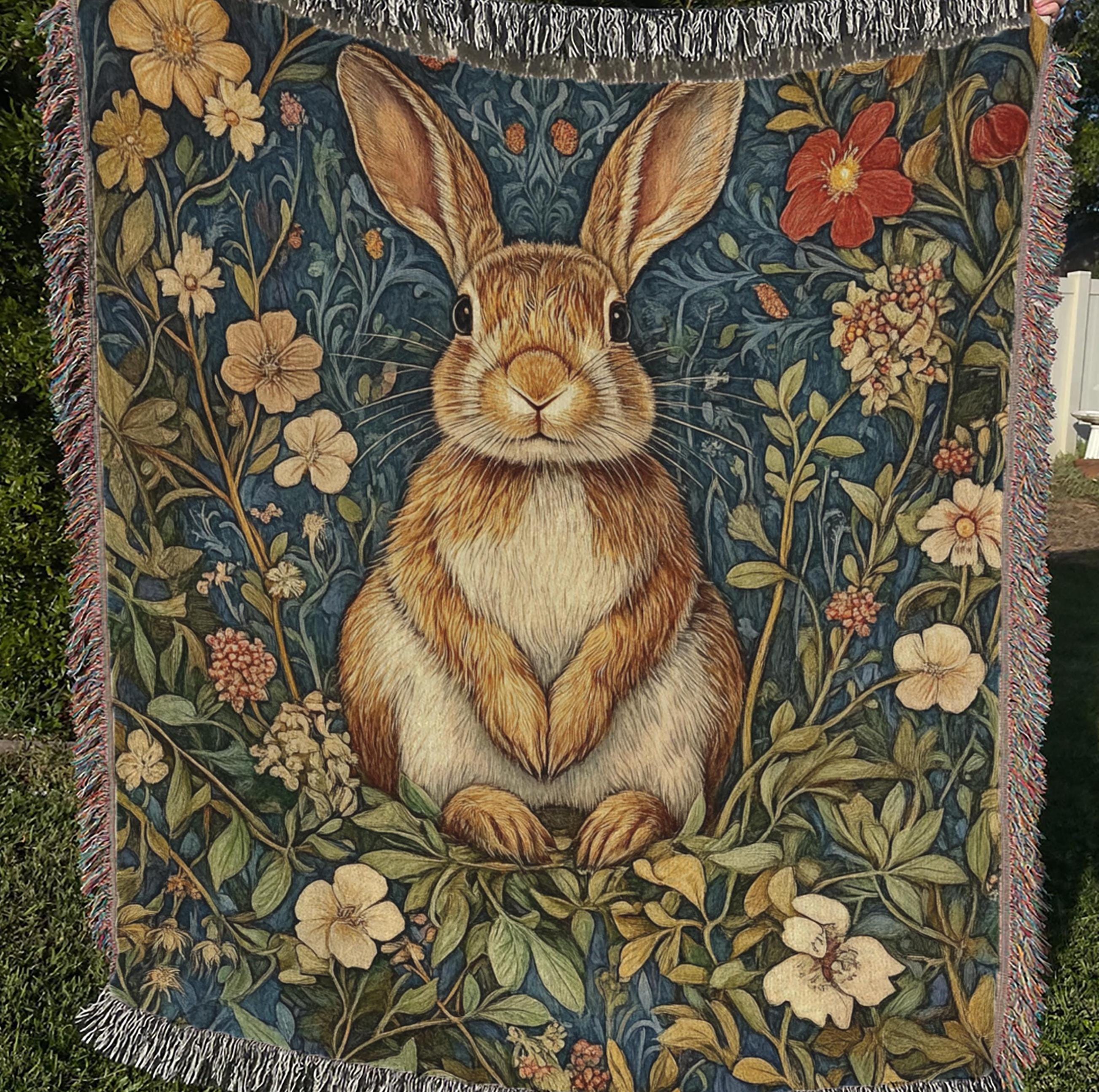Woodland Rabbit Woven Blanket, Cottagecore Throw Blanket Couch, Woven Cotton Blanket, William Morris Inspired Blanket, Cozy Picnic Blanket