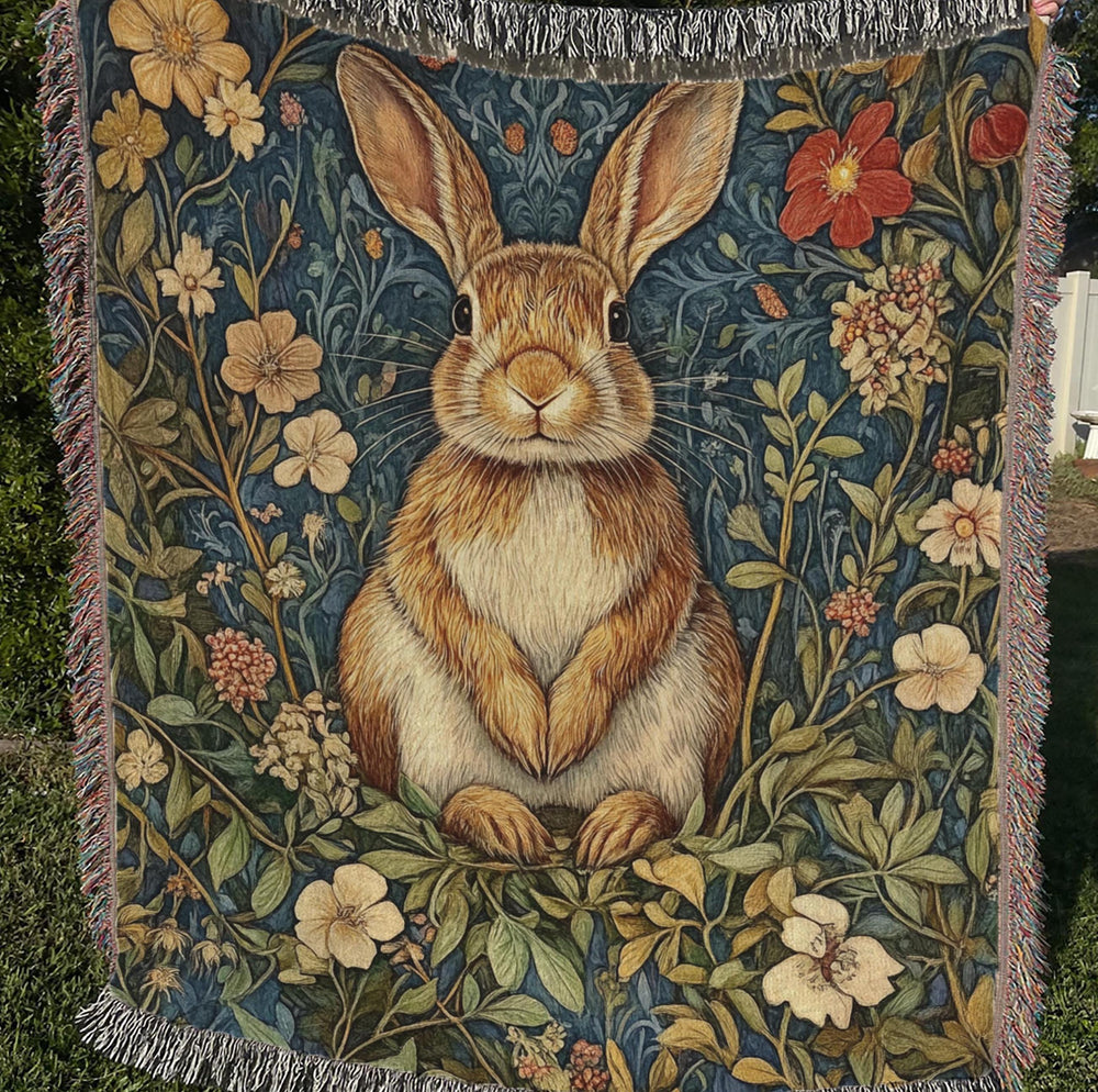 Woodland Rabbit Woven Blanket, Cottagecore Throw Blanket Couch, Woven Cotton Blanket, William Morris Inspired Blanket, Cozy Picnic Blanket