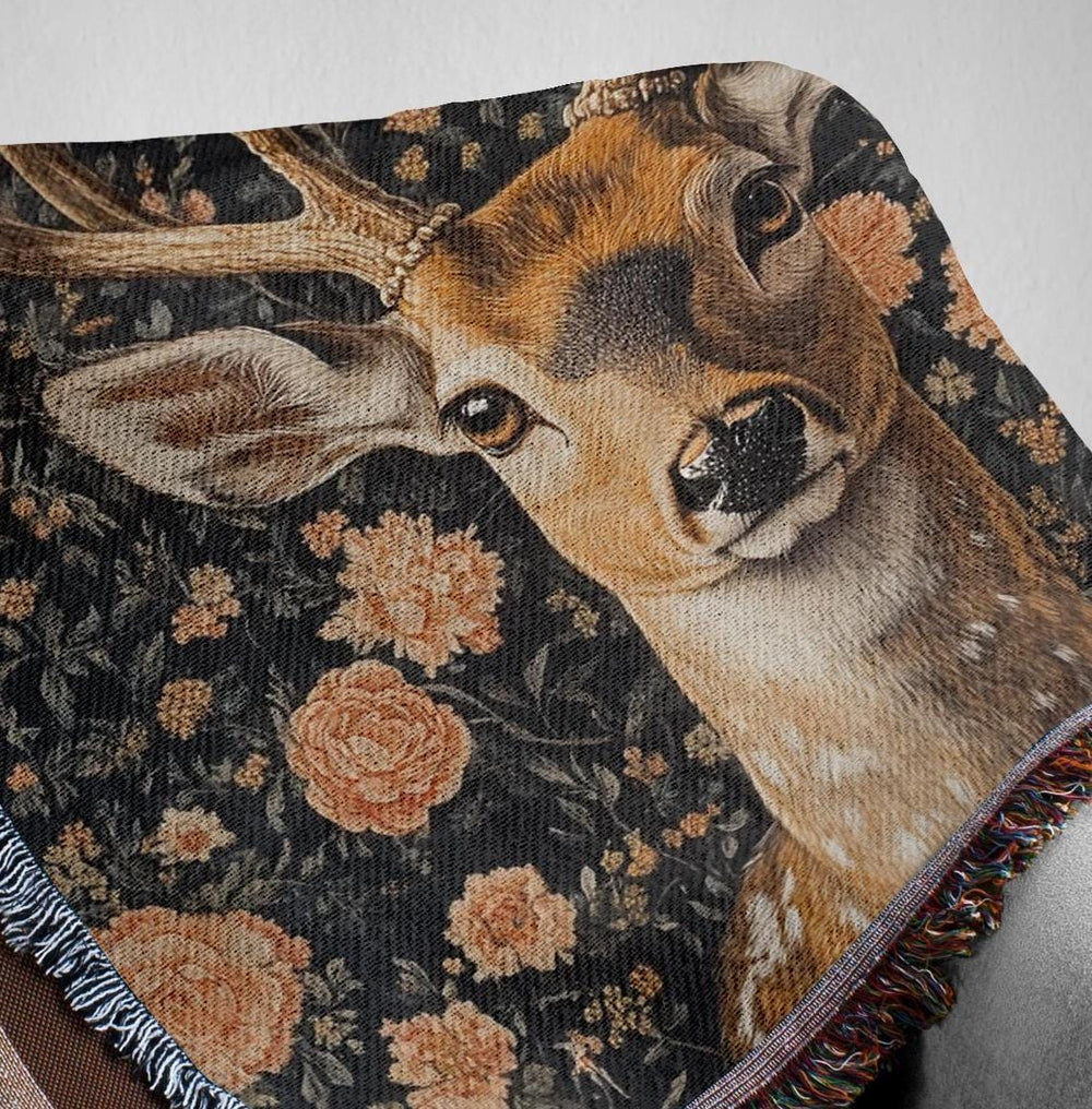 Woodland Deer Woven Blanket, William Morris Inspired Throw Blanket, Cozy Vintage Nature Sofa Bed Blanket, Cottagecore Living Room Accent
