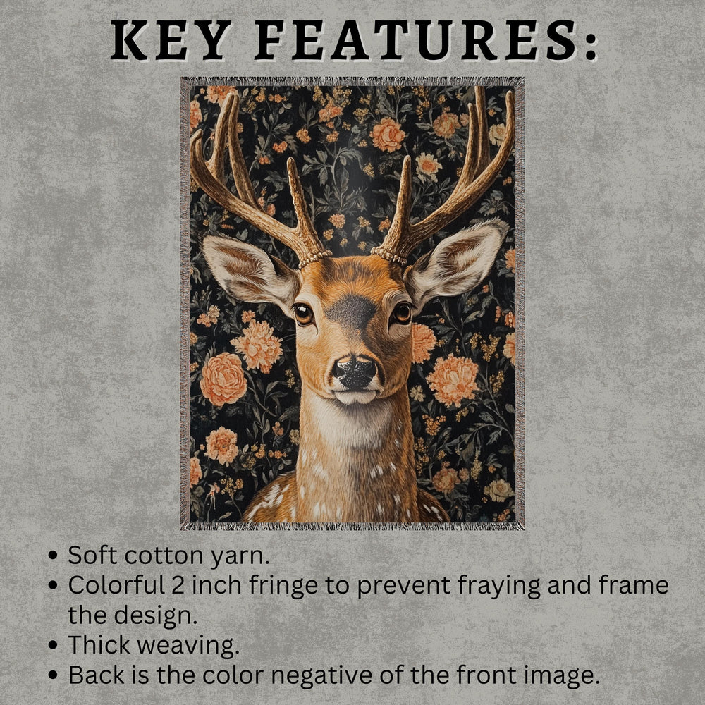 Woodland Deer Woven Blanket, William Morris Inspired Throw Blanket, Cozy Vintage Nature Sofa Bed Blanket, Cottagecore Living Room Accent
