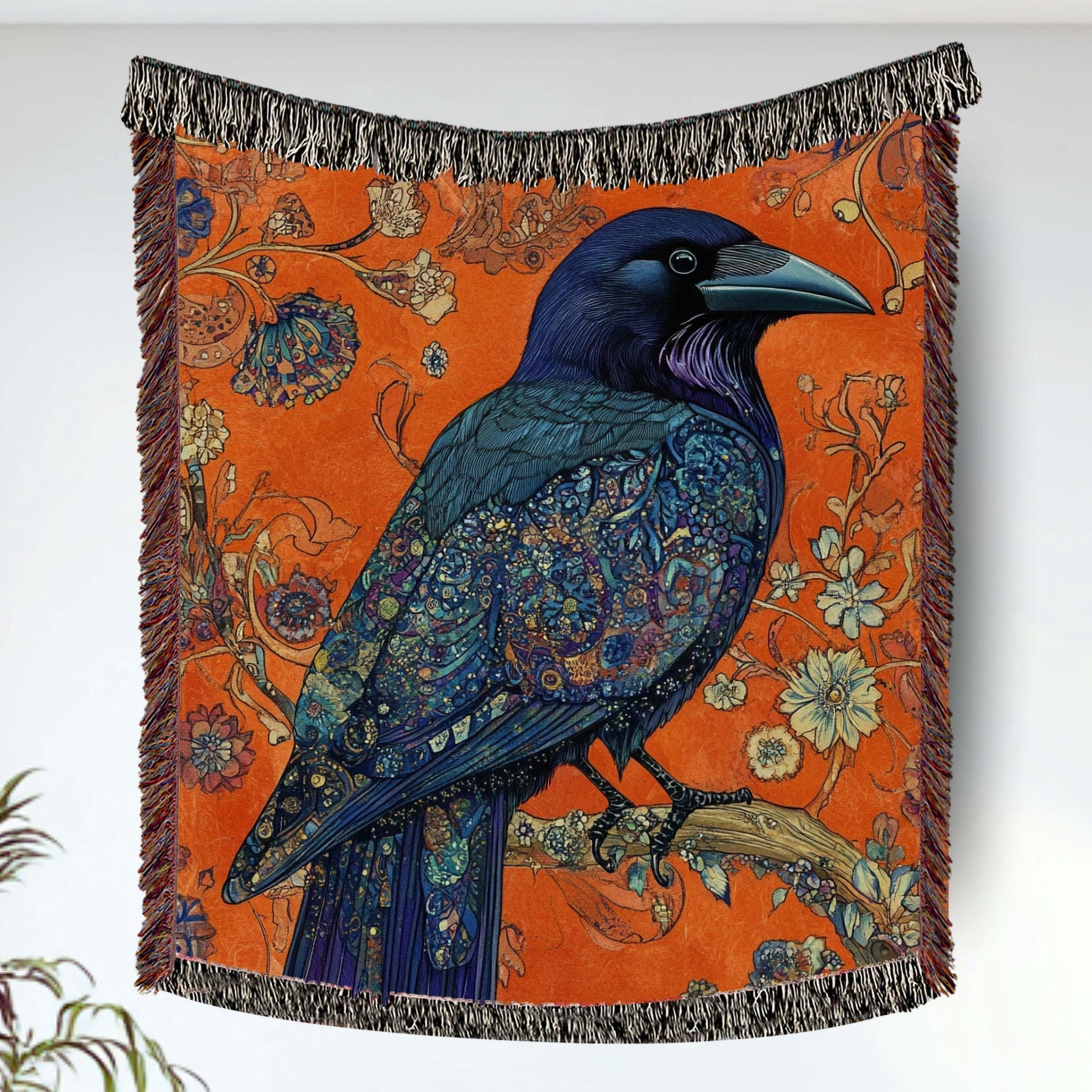 Raven Floral Woven Blanket, Gothic Botanical Bird Art Throw, Bold Nature Tapestry