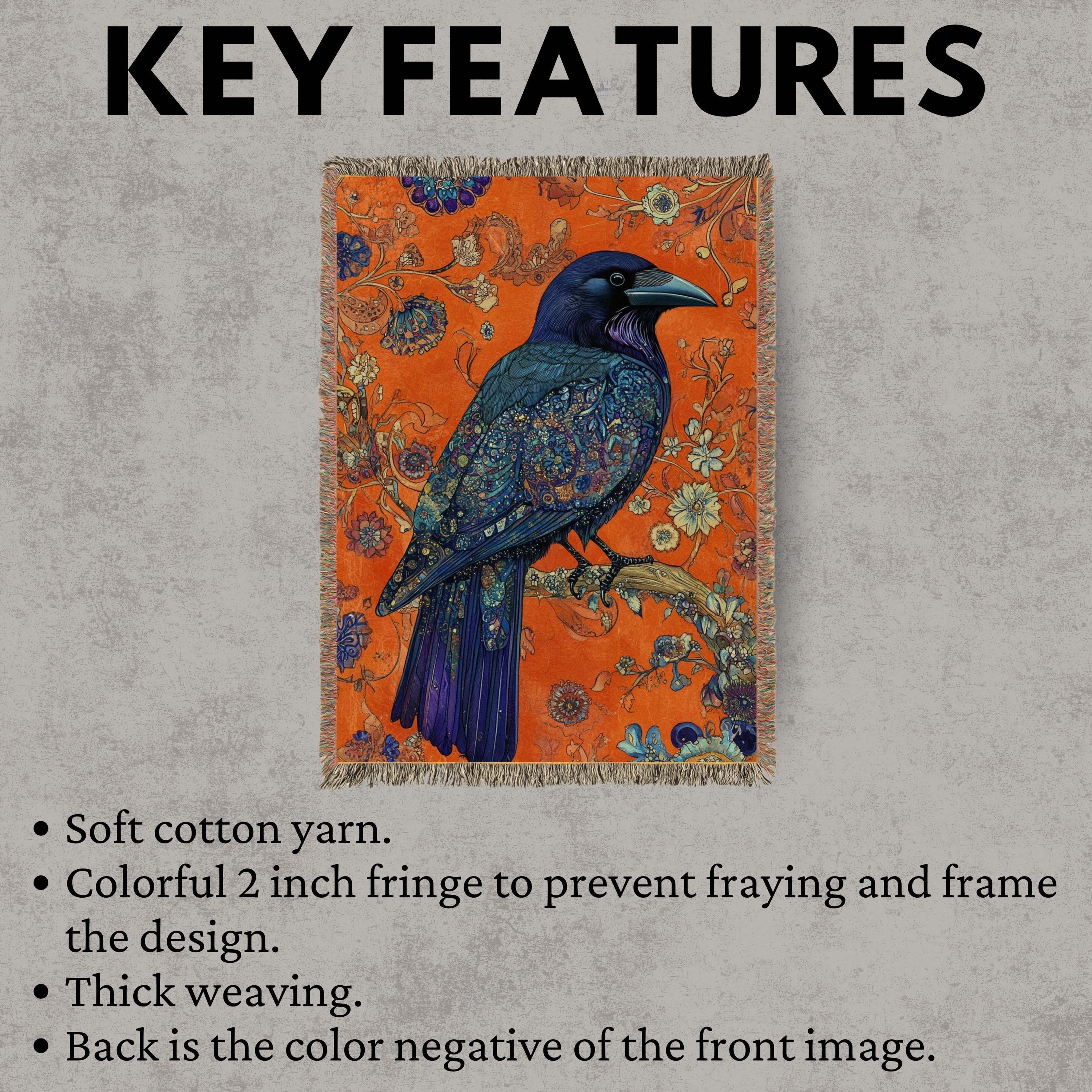 Raven Floral Woven Blanket, Gothic Botanical Bird Art Throw, Bold Nature Tapestry