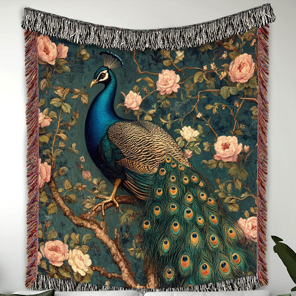 Vintage Peacock Throw Blanket, William Morris Inspired Woven Cotton Decor, Cozy Nature Bed Sofa Accent, Artistic Picnic Reading Home Blanket