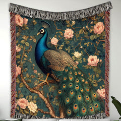 Vintage Peacock Throw Blanket, William Morris Inspired Woven Cotton Decor, Cozy Nature Bed Sofa Accent, Artistic Picnic Reading Home Blanket