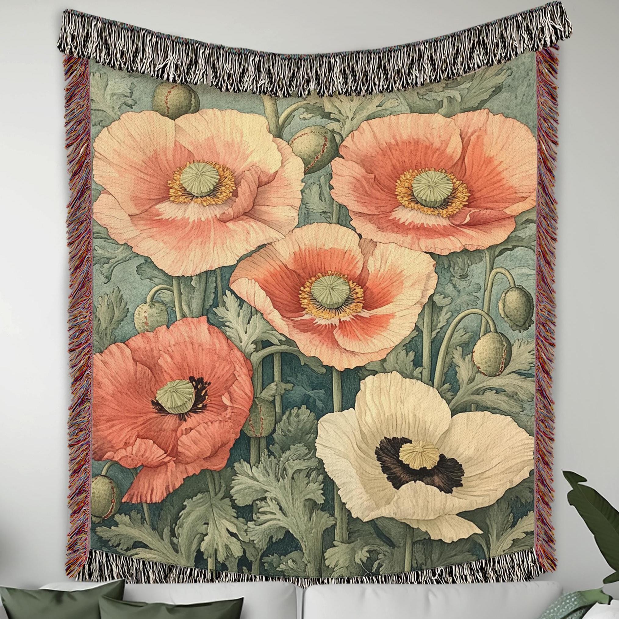 William Morris Inspired Blanket, Vintage Floral Blanket, Picnic Blanket, Woven Cotton Blanket, Cozy Reading Blanket, Poppies Throw Blanket
