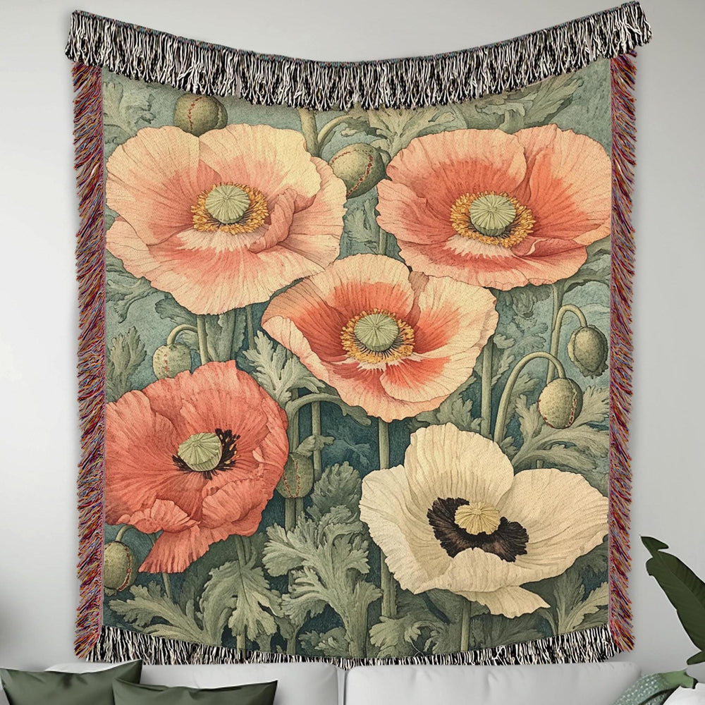 William Morris Inspired Blanket, Vintage Floral Blanket, Picnic Blanket, Woven Cotton Blanket, Cozy Reading Blanket, Poppies Throw Blanket