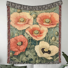 William Morris Inspired Blanket, Vintage Floral Blanket, Picnic Blanket, Woven Cotton Blanket, Cozy Reading Blanket, Poppies Throw Blanket