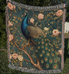 Vintage Peacock Throw Blanket, William Morris Inspired Woven Cotton Decor, Cozy Nature Bed Sofa Accent, Artistic Picnic Reading Home Blanket