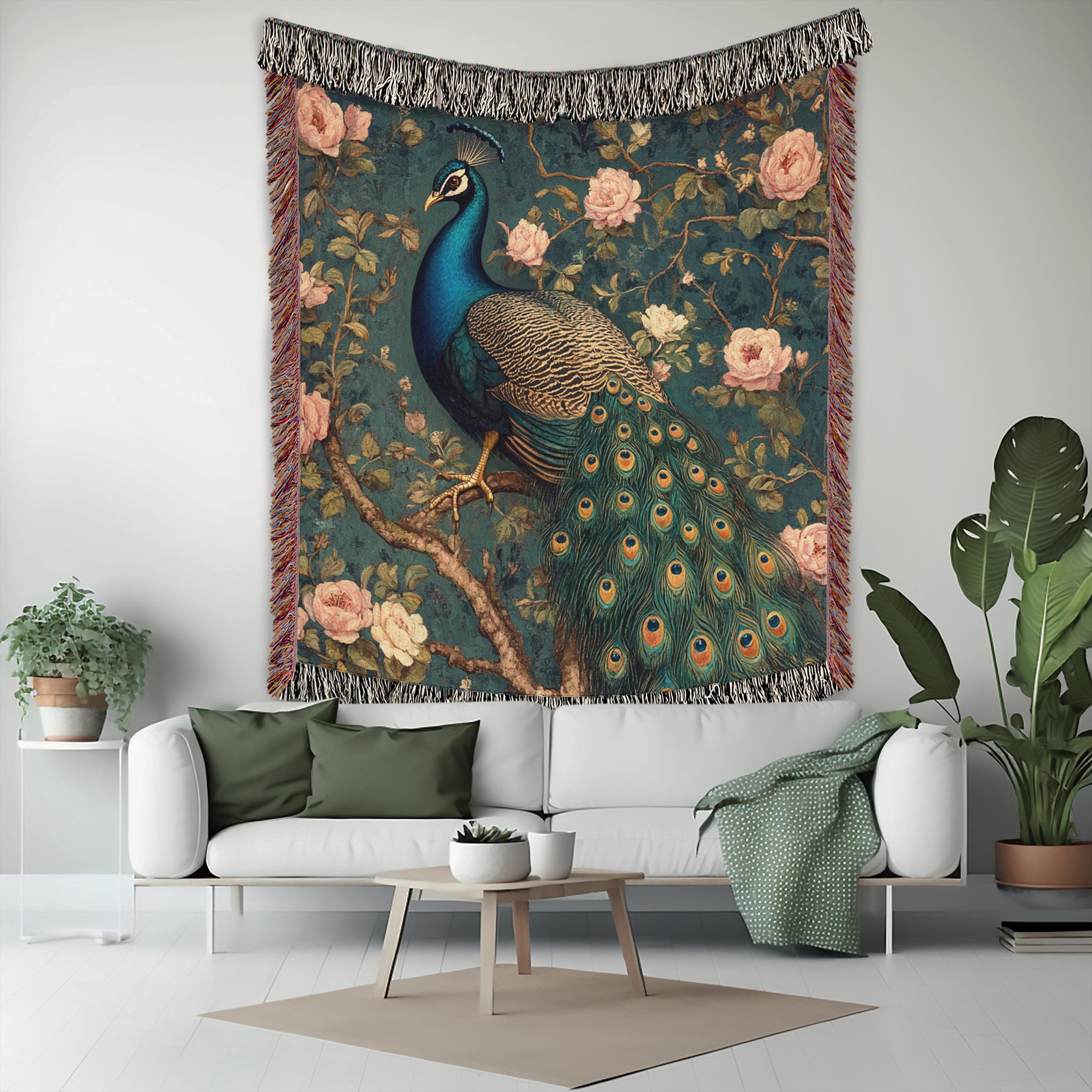 Vintage Peacock Throw Blanket, William Morris Inspired Woven Cotton Decor, Cozy Nature Bed Sofa Accent, Artistic Picnic Reading Home Blanket