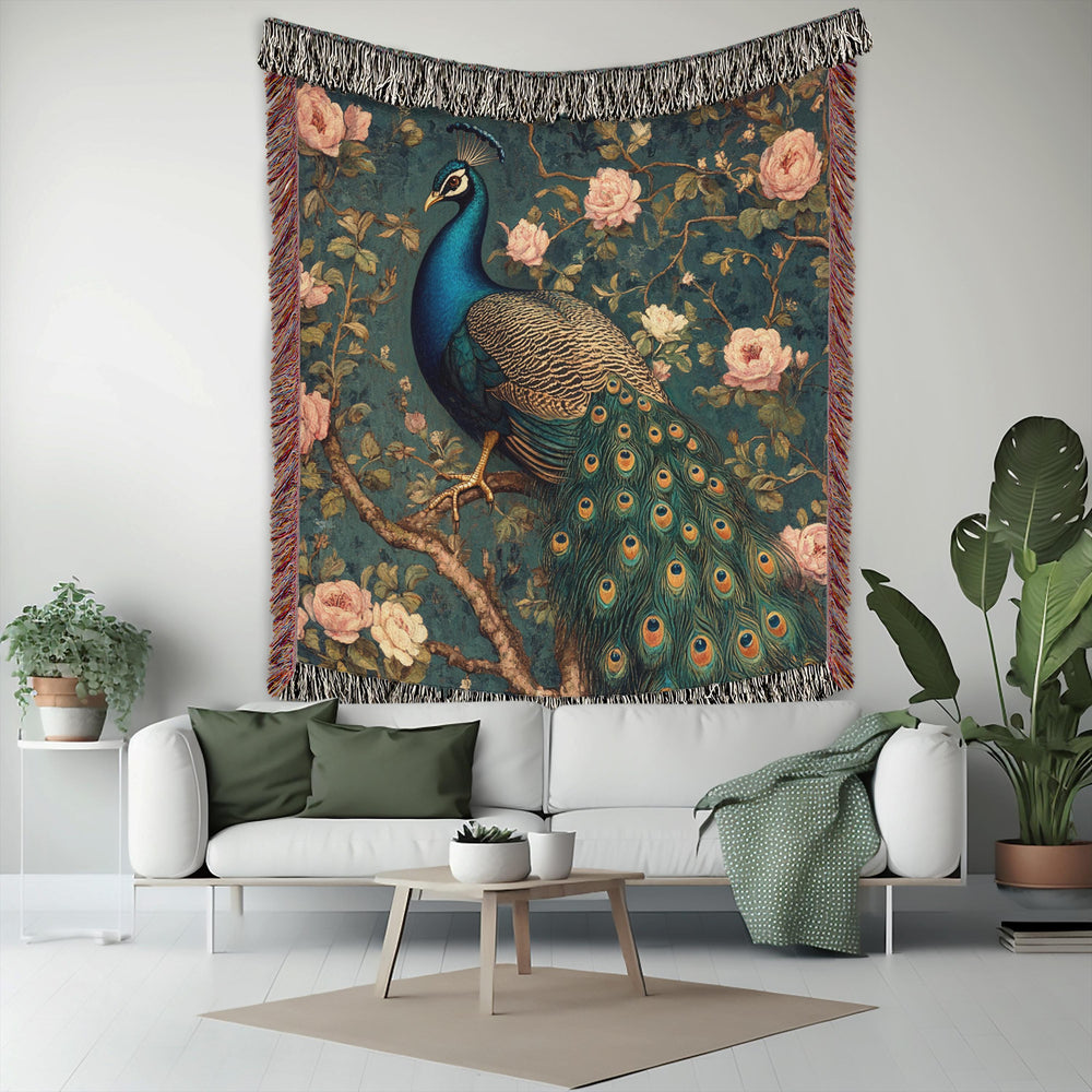 Vintage Peacock Throw Blanket, William Morris Inspired Woven Cotton Decor, Cozy Nature Bed Sofa Accent, Artistic Picnic Reading Home Blanket
