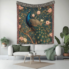 Vintage Peacock Throw Blanket, William Morris Inspired Woven Cotton Decor, Cozy Nature Bed Sofa Accent, Artistic Picnic Reading Home Blanket