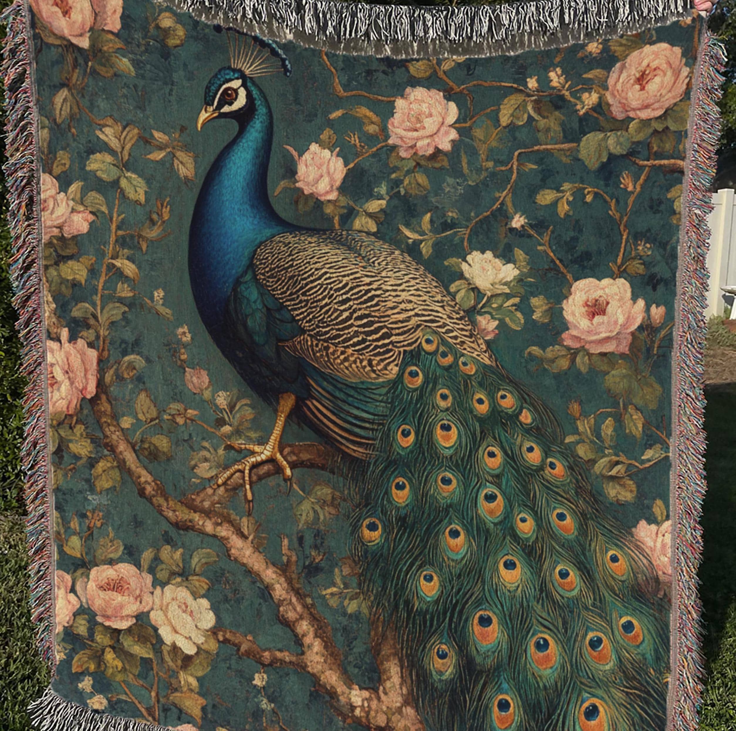Vintage Peacock Throw Blanket, William Morris Inspired Woven Cotton Decor, Cozy Nature Bed Sofa Accent, Artistic Picnic Reading Home Blanket