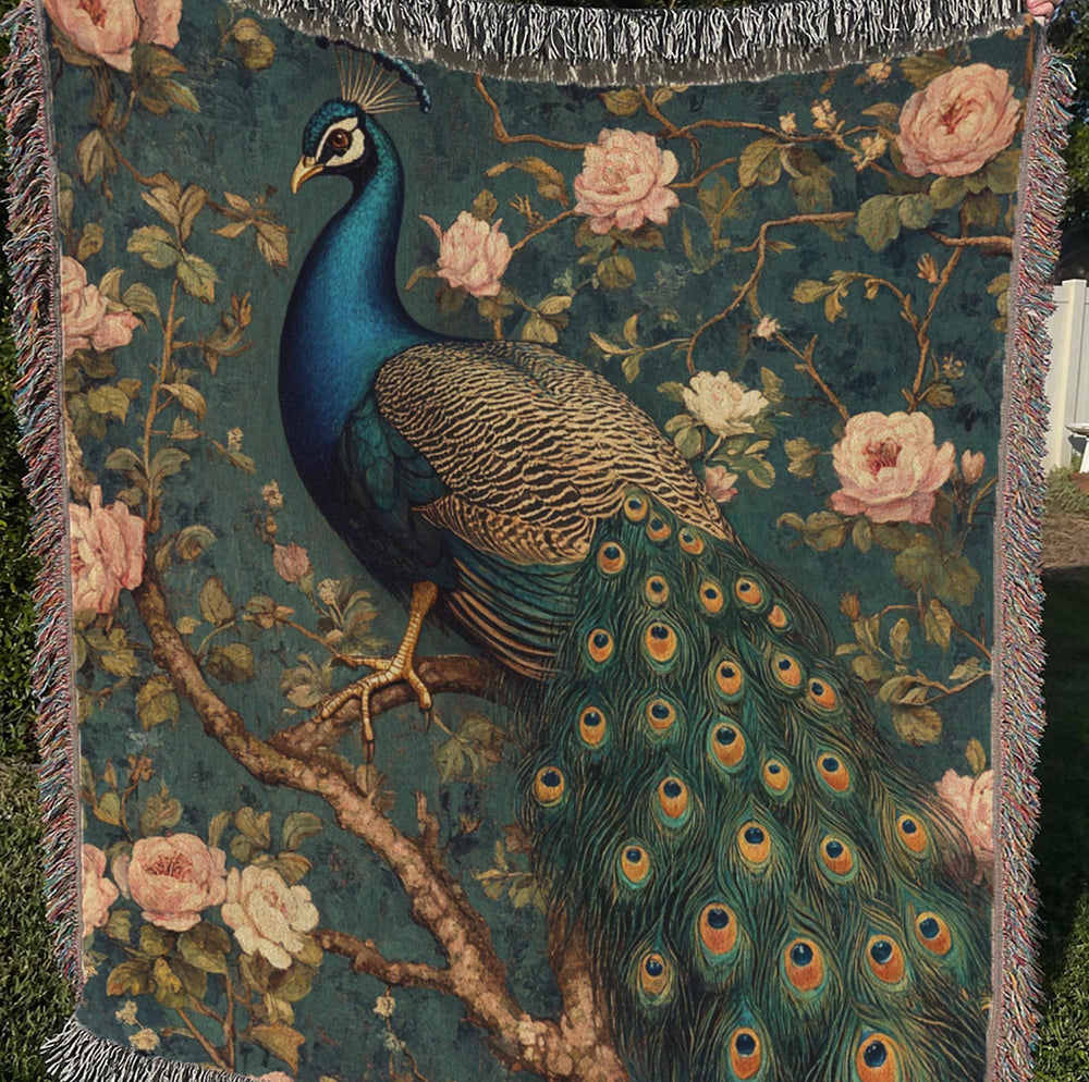 Vintage Peacock Throw Blanket, William Morris Inspired Woven Cotton Decor, Cozy Nature Bed Sofa Accent, Artistic Picnic Reading Home Blanket