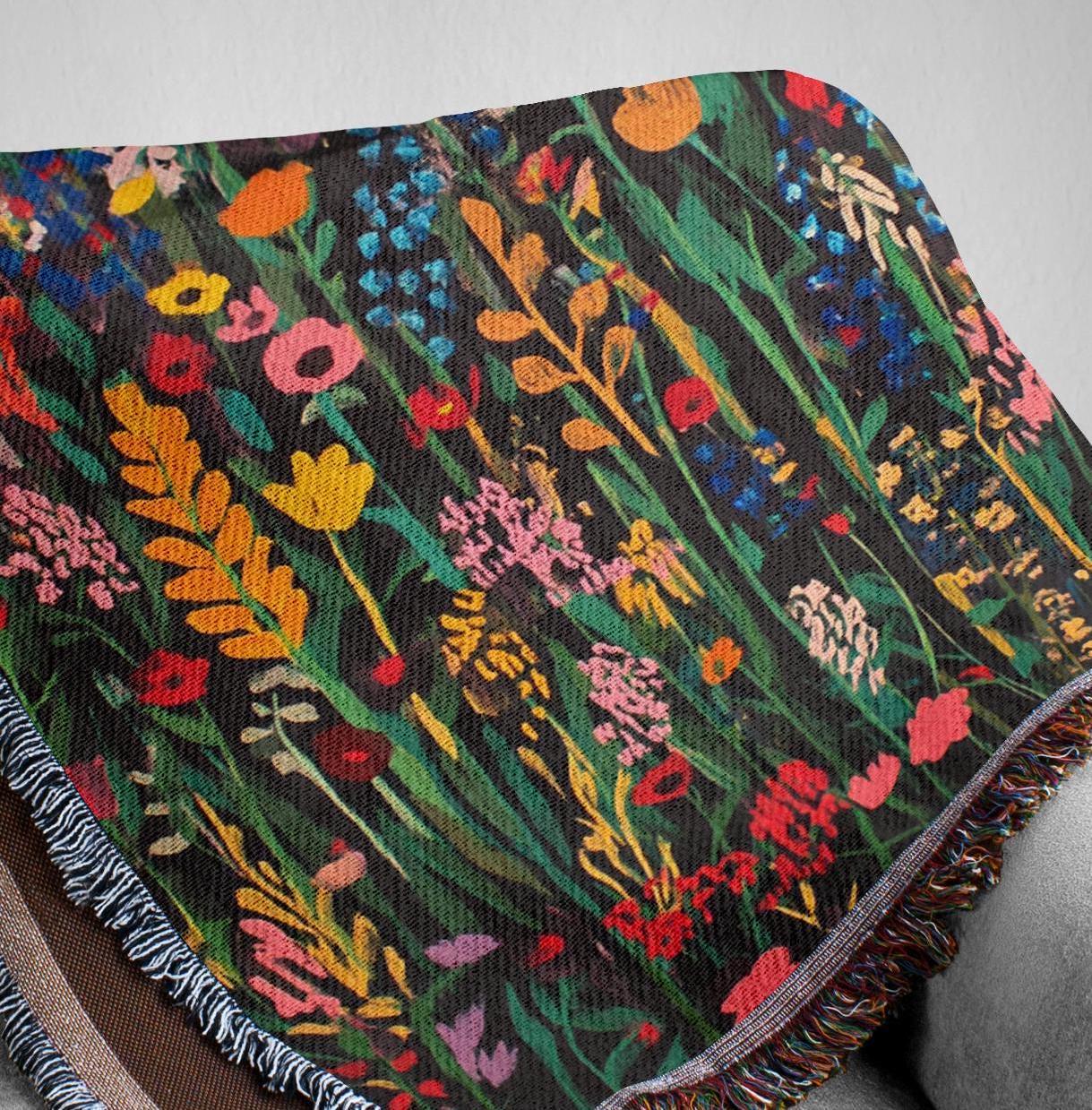 Floral Throw Woven Blanket, Throw Blanket, Picnic Blanket, Wildflower Woven Cotton Blanket, Picnic Blanket, William Morris Inspired Blanket