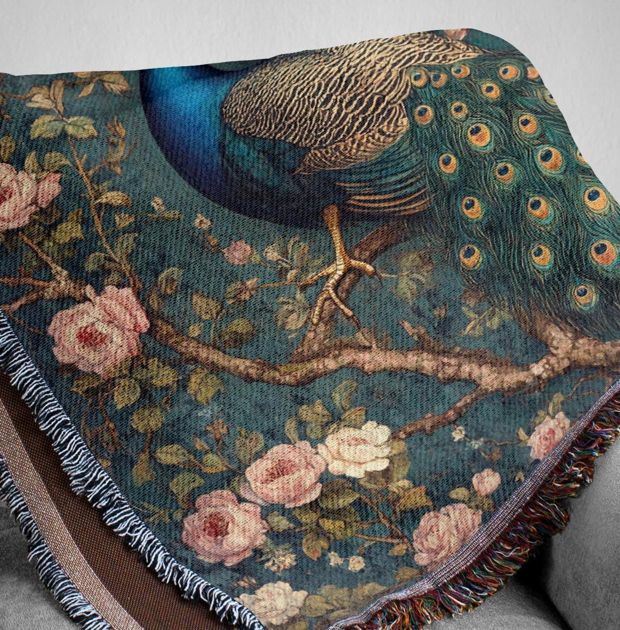 Vintage Peacock Throw Blanket, William Morris Inspired Woven Cotton Decor, Cozy Nature Bed Sofa Accent, Artistic Picnic Reading Home Blanket