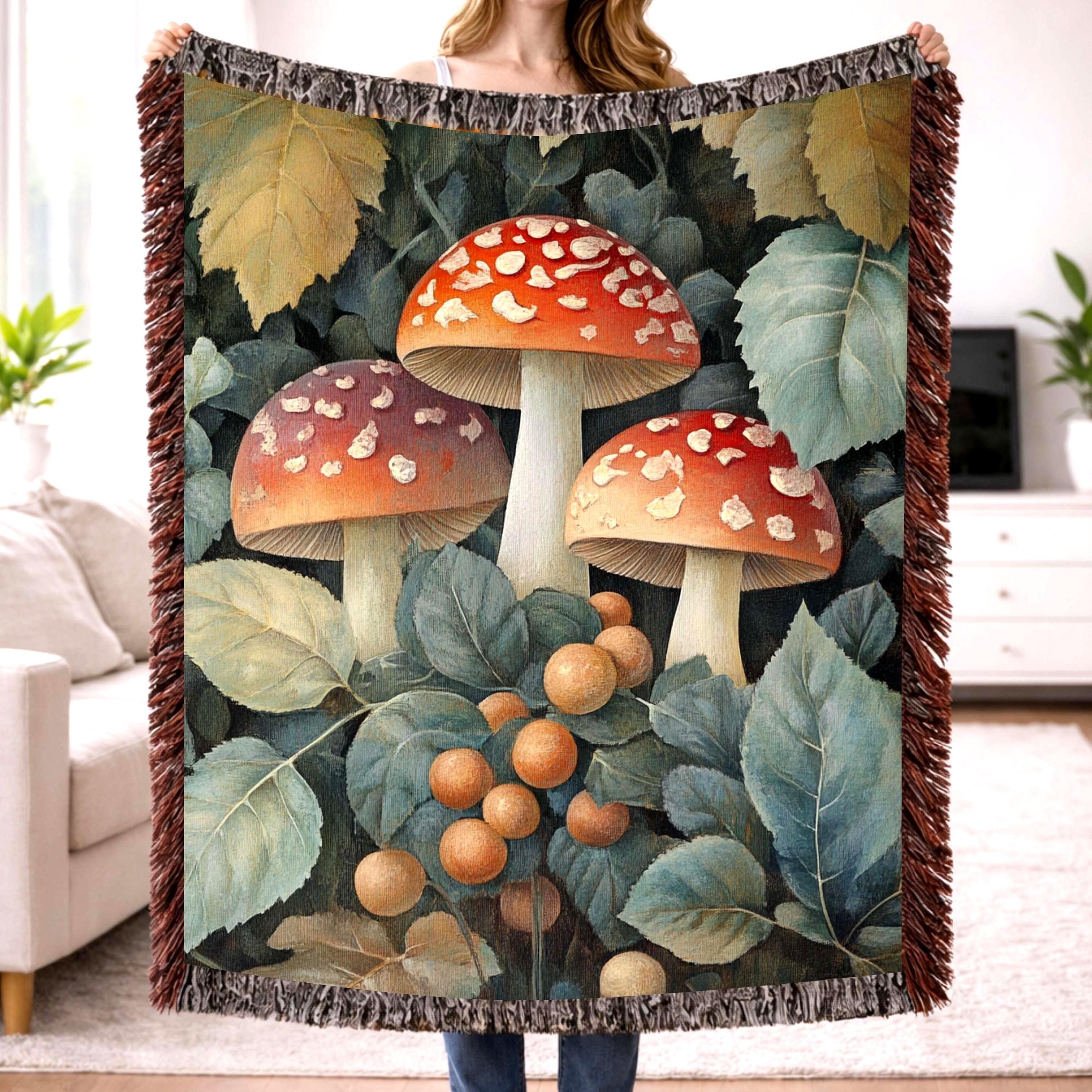Vintage Mushroom Botanical Woven Blanket, Forest Fungi Art Throw, Cozy Woodland Tapestry