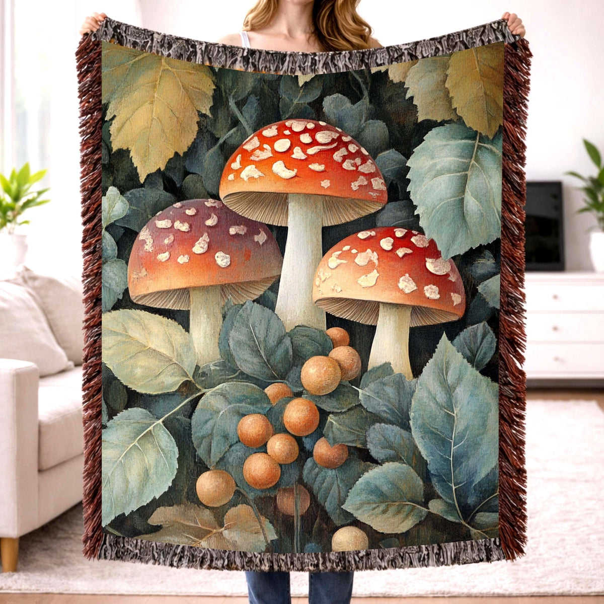 Vintage Mushroom Botanical Woven Blanket, Forest Fungi Art Throw, Cozy Woodland Tapestry