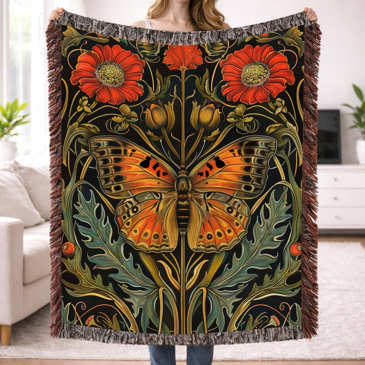 Art Nouveau Butterfly Woven Blanket Vintage Insect Floral Tapestry Nature Inspired Decorative Throw