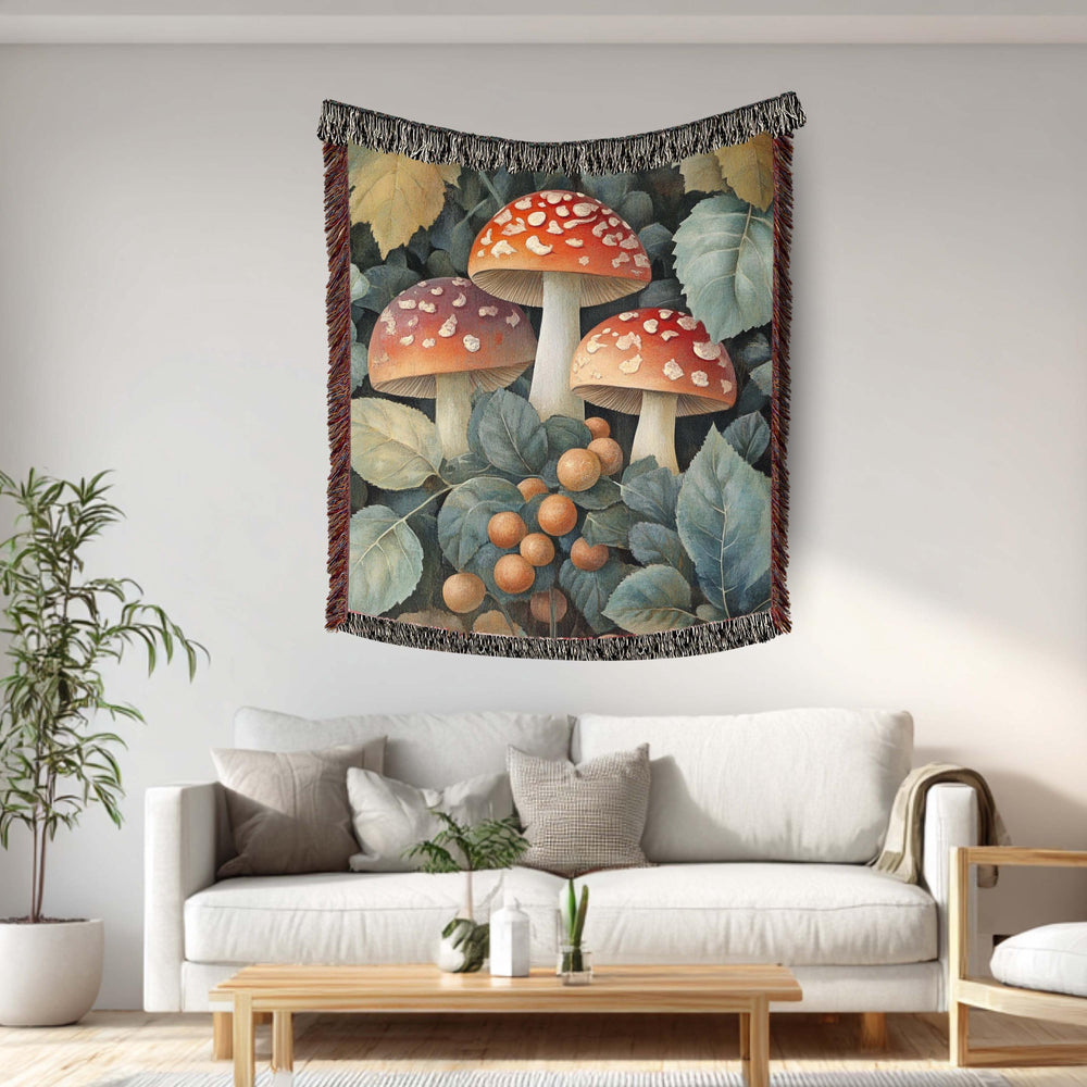 Vintage Mushroom Botanical Woven Blanket, Forest Fungi Art Throw, Cozy Woodland Tapestry
