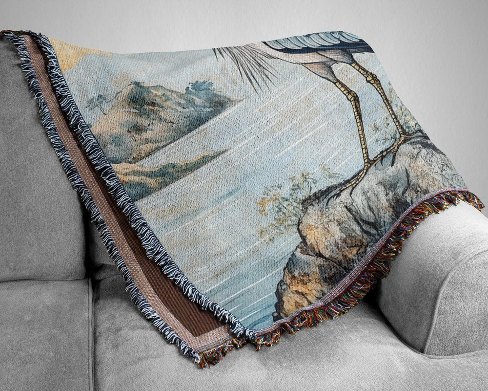 Coastal Heron Throw Blanket, Beach House Woven Decor, William Morris Nature Textile, Cozy Ocean Picnic Throw, Nautical Home Accent