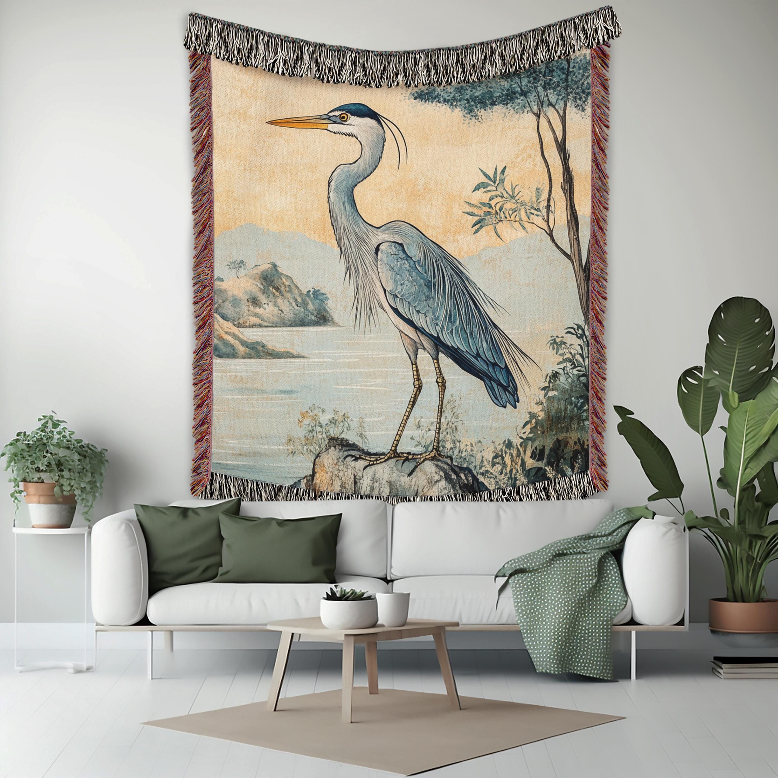 Coastal Heron Throw Blanket, Beach House Woven Decor, William Morris Nature Textile, Cozy Ocean Picnic Throw, Nautical Home Accent