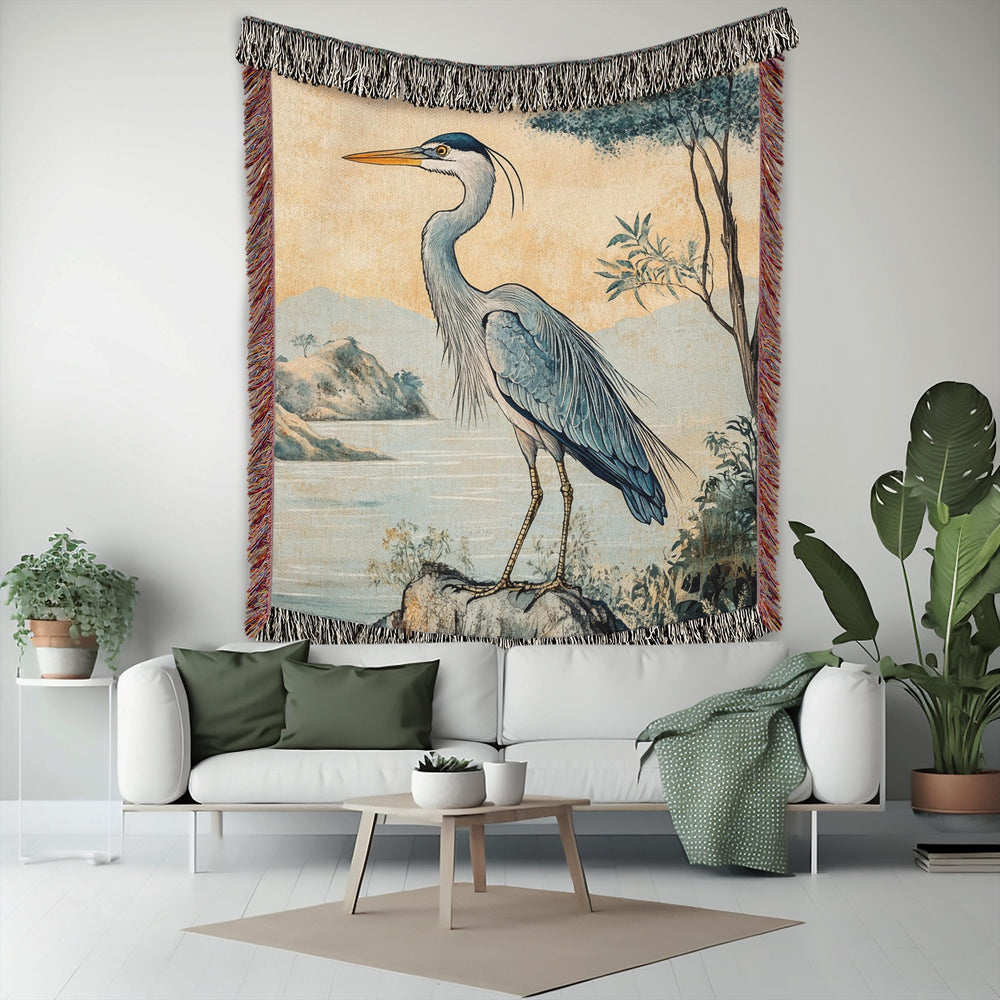 Coastal Heron Throw Blanket, Beach House Woven Decor, William Morris Nature Textile, Cozy Ocean Picnic Throw, Nautical Home Accent