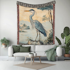 Coastal Heron Throw Blanket, Beach House Woven Decor, William Morris Nature Textile, Cozy Ocean Picnic Throw, Nautical Home Accent