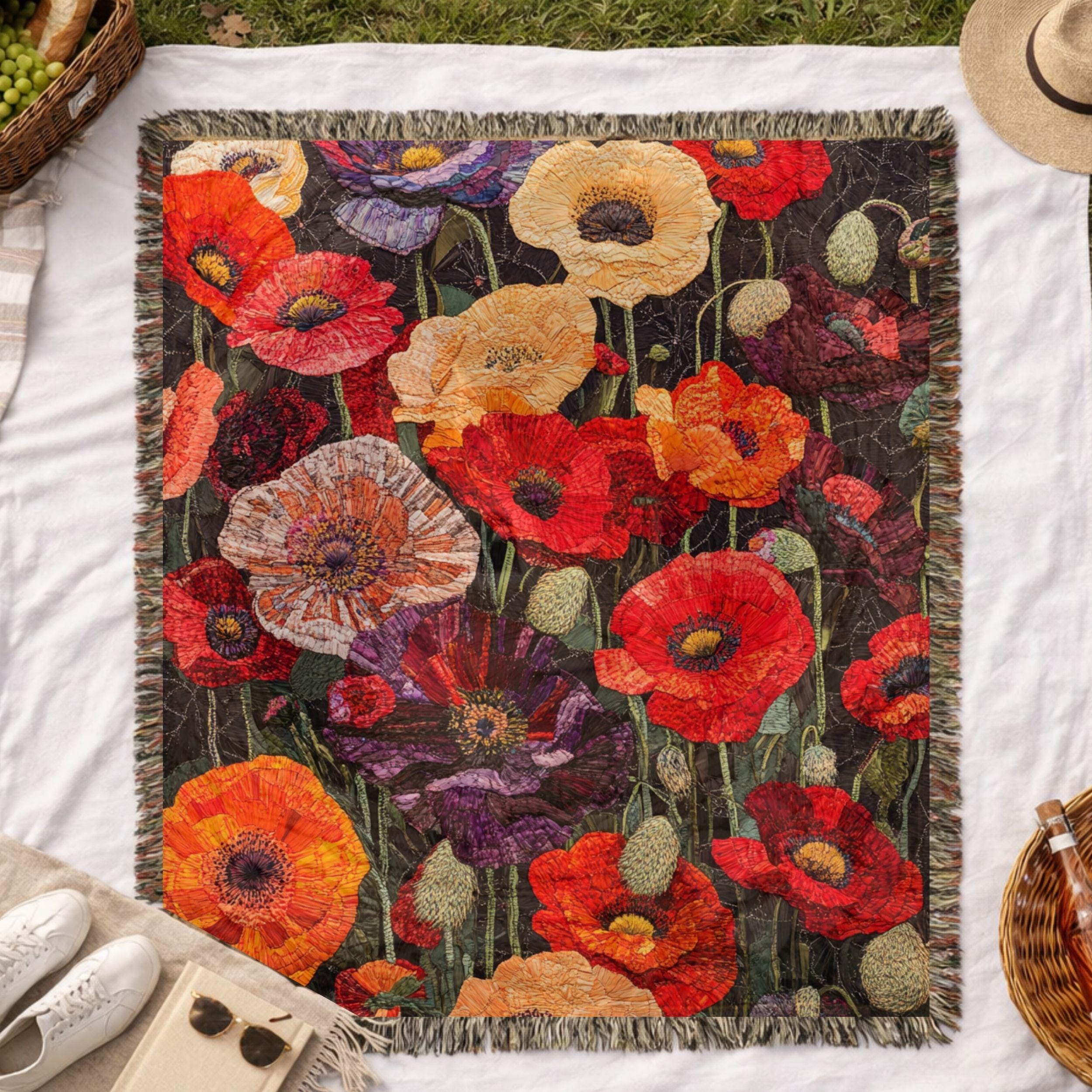 Poppy Woven Blanket, Bold Floral Tapestry, Garden Inspired Cozy Decorative Throw