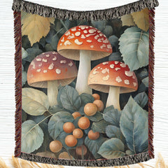 Vintage Mushroom Botanical Woven Blanket, Forest Fungi Art Throw, Cozy Woodland Tapestry