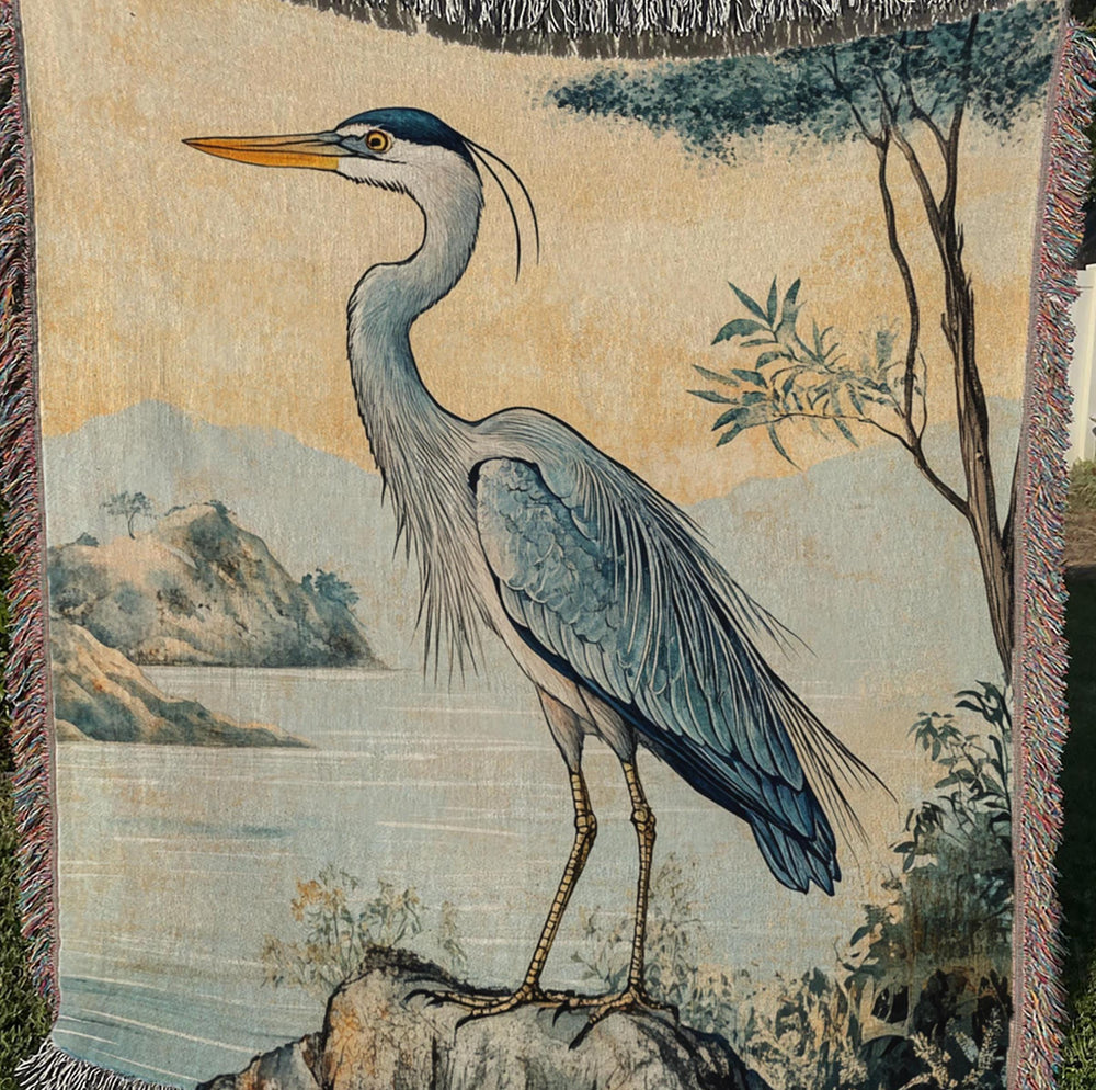 Coastal Heron Throw Blanket, Beach House Woven Decor, William Morris Nature Textile, Cozy Ocean Picnic Throw, Nautical Home Accent