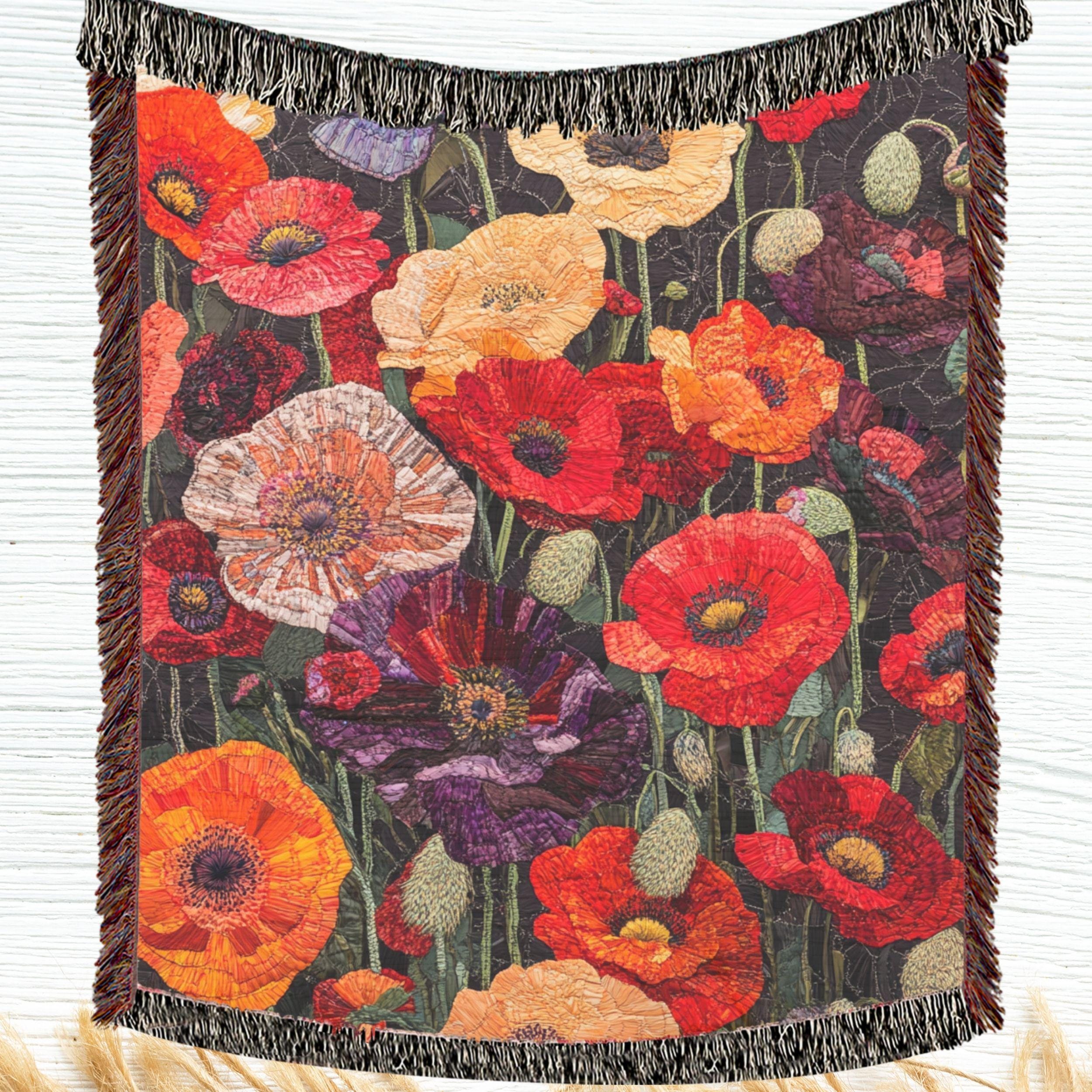 Poppy Woven Blanket, Bold Floral Tapestry, Garden Inspired Cozy Decorative Throw
