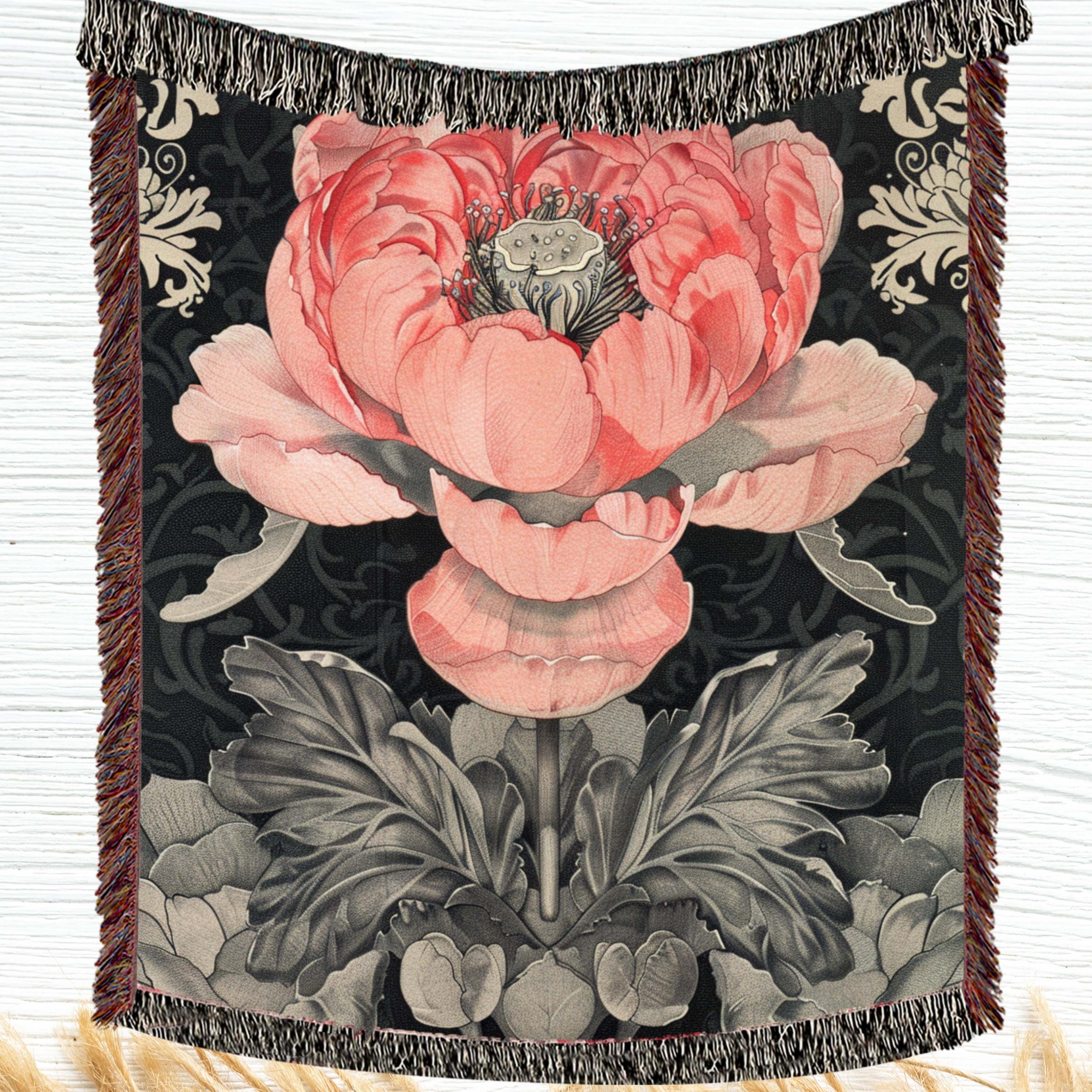 Pink Peony Woven Blanket Vintage Botanical Floral Throw Cozy Cottagecore Home Decor Elegant Flower Tapestry Blanket