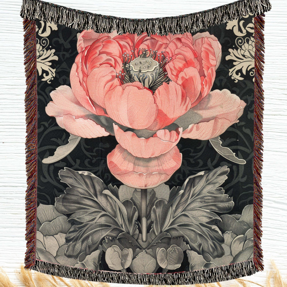Pink Peony Woven Blanket Vintage Botanical Floral Throw Cozy Cottagecore Home Decor Elegant Flower Tapestry Blanket
