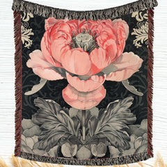 Pink Peony Woven Blanket Vintage Botanical Floral Throw Cozy Cottagecore Home Decor Elegant Flower Tapestry Blanket