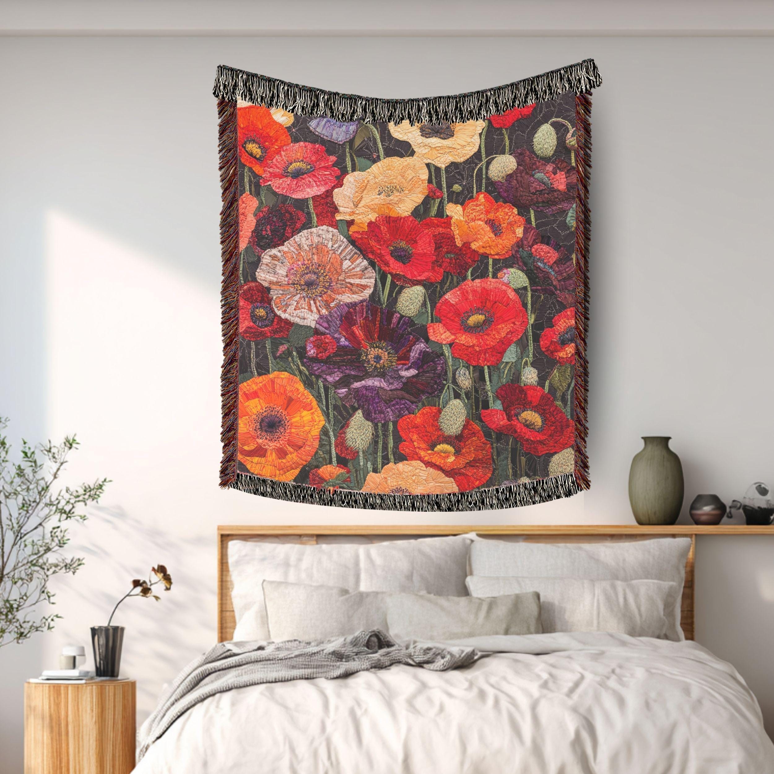 Poppy Woven Blanket, Bold Floral Tapestry, Garden Inspired Cozy Decorative Throw