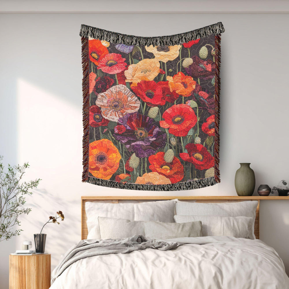 Poppy Woven Blanket, Bold Floral Tapestry, Garden Inspired Cozy Decorative Throw