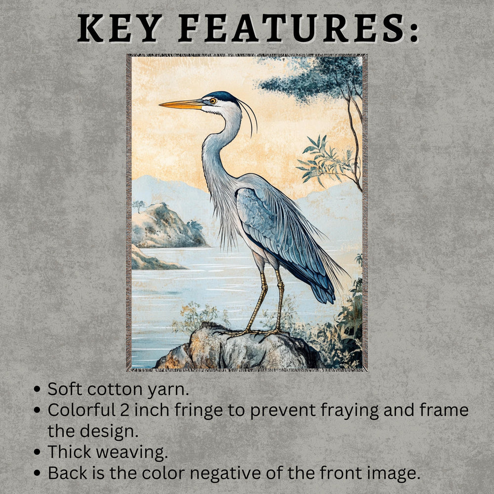 Coastal Heron Throw Blanket, Beach House Woven Decor, William Morris Nature Textile, Cozy Ocean Picnic Throw, Nautical Home Accent