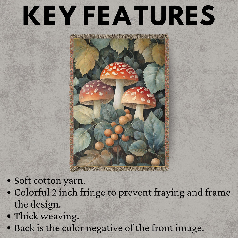 Vintage Mushroom Botanical Woven Blanket, Forest Fungi Art Throw, Cozy Woodland Tapestry