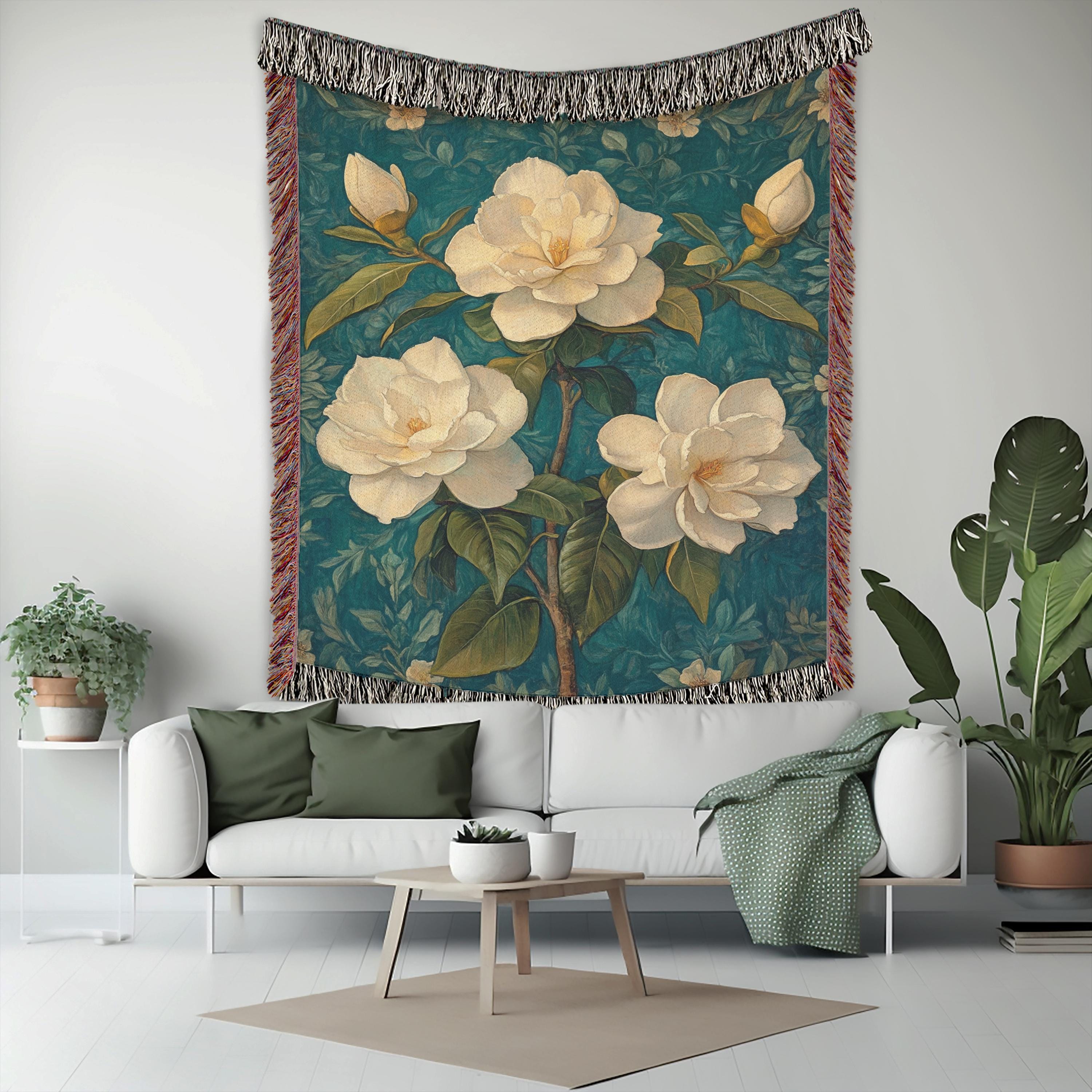 Vintage Gardenias Throw Blanket, Floral Picnic Blanket, William Morris Inspired Blanket, Living Room Couch Blanket, Nature-Inspired Blanket